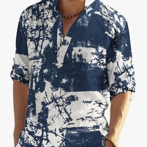 NWT COOFANDY man’s navy/white long sleeve Henley, neck, cotton shirt size XXL - Picture 3 of 11